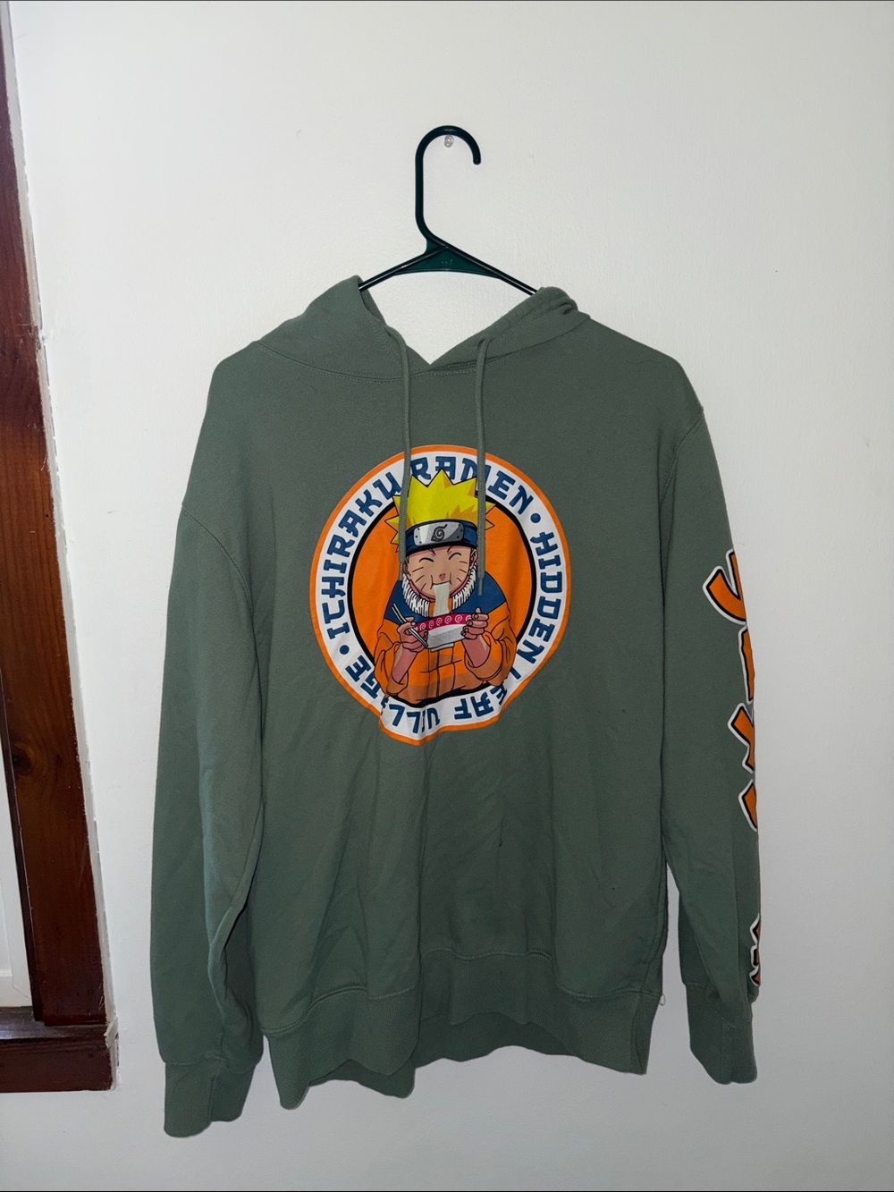 Olive Graphic Pullover Hoodie with Anime Character Emblem